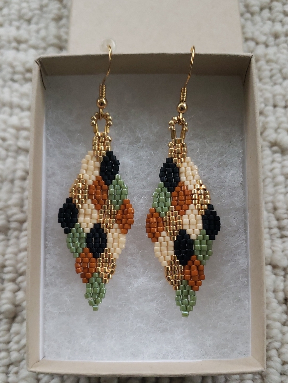 Handmade Beaded Teardrop Earrings - Neutral Green, Black & Gold